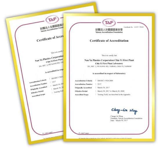 Nan Ya plastic pipe (PVC pipe), produced by Chiayi First Plant from one of the largest suppliers and the most productive manufacturers in the plastic pipes industry (PVC pipes market) known as Nan Ya Plastics Corporation (Nan Ya Plastics Corp. or Nan Ya), has passed several patent certificate of Accreditation, including FM Approvals 1613 for underground fire protection service, ISO 17025 & ISO 50001 Accreditation, and OHSAS 18001- Occupational Health and Safety (OHS).